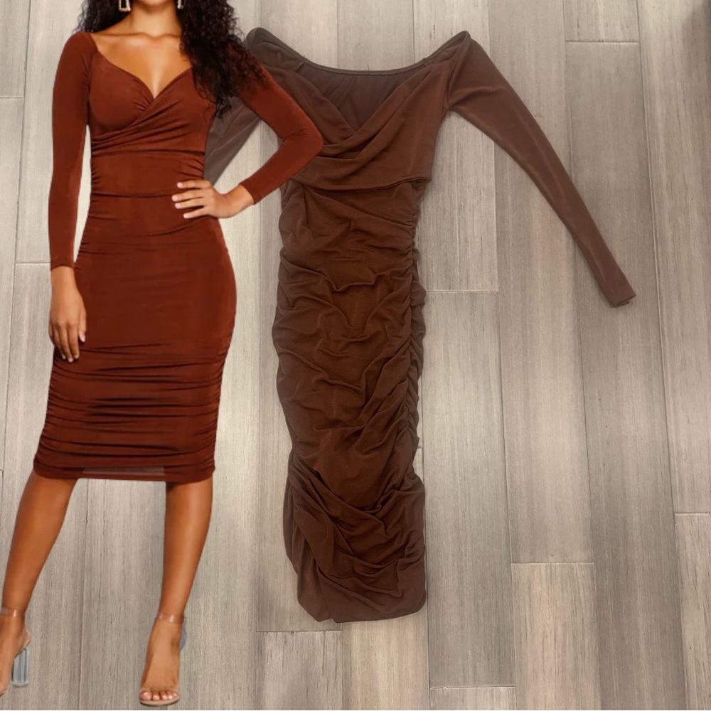 Chocolate Brown Ruched Midi Dress | V-Neck Wrap Front Long Sleeve Small Fitted
